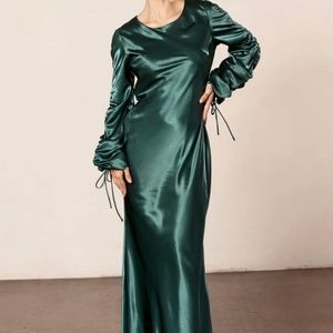 Veiled Collection Rahma Rouched Sleeve Satin Maxi Dress - Teal - Size L
